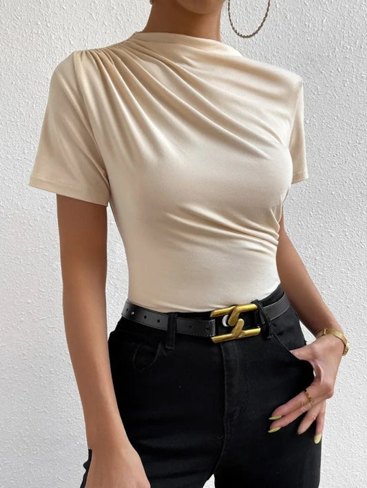 Solid High Neck Slim Fit T-shirt, Elegant Short Sleeve Ruched Top For Spring & Summer, Women's Clothing