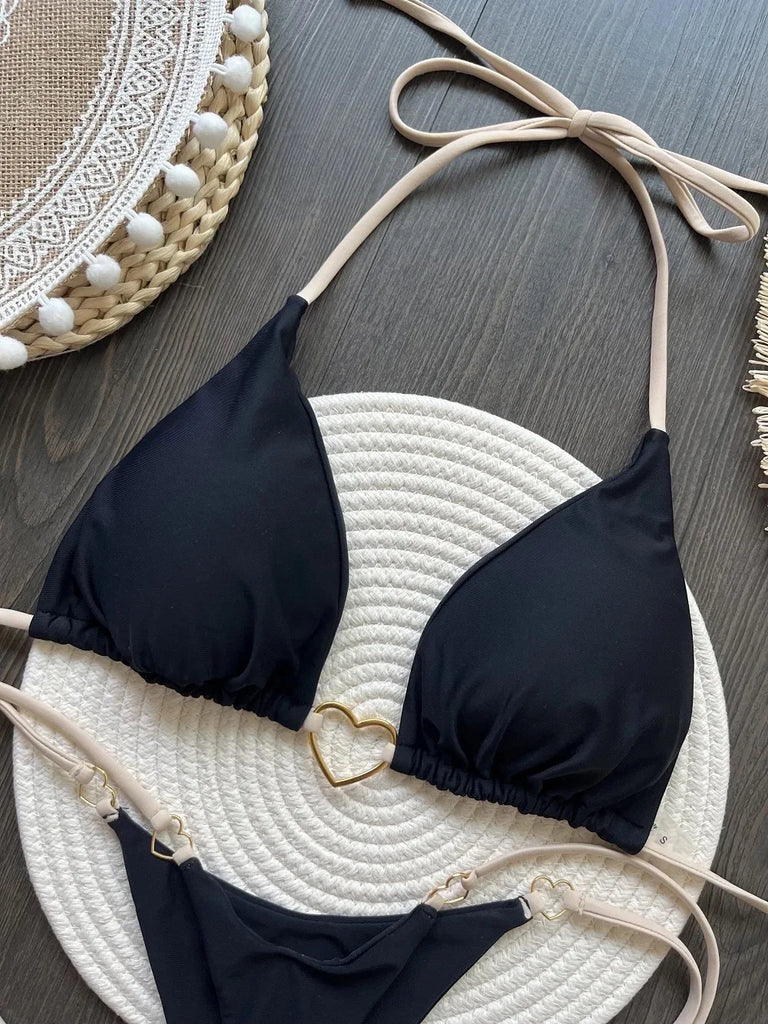 Women’s Sexy Halter Triangle Bikini – Low‑Waist Brazilian Thong Two‑Piece Swimsuit (Solid Color)