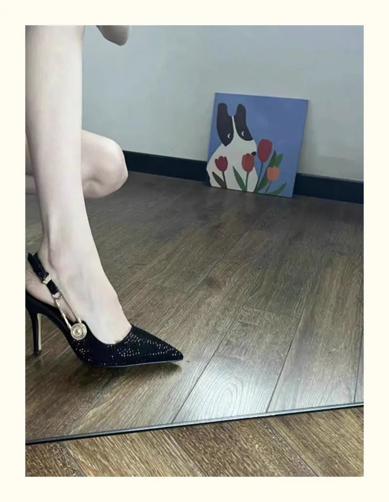 Bling Diamond High Heels Women 2025 Spring Pumps New Pointy Head After Empty Sexy Metal Girl Temperament Baotou French Sandals