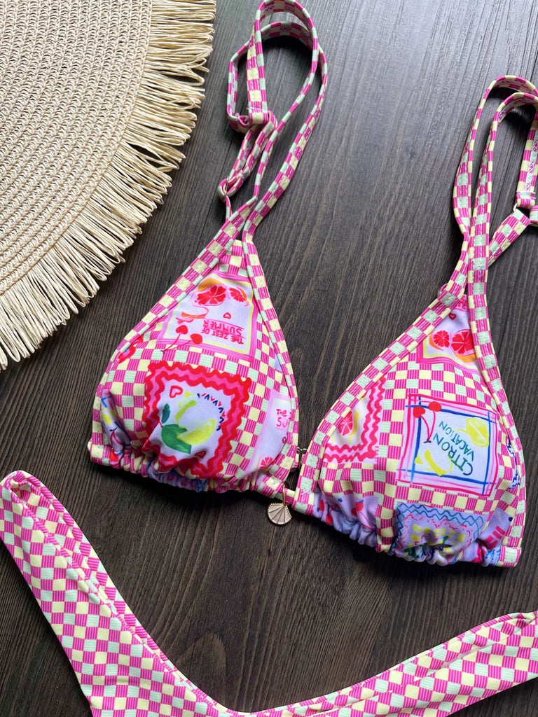 Brazilian High‑Leg Plaid Bikini