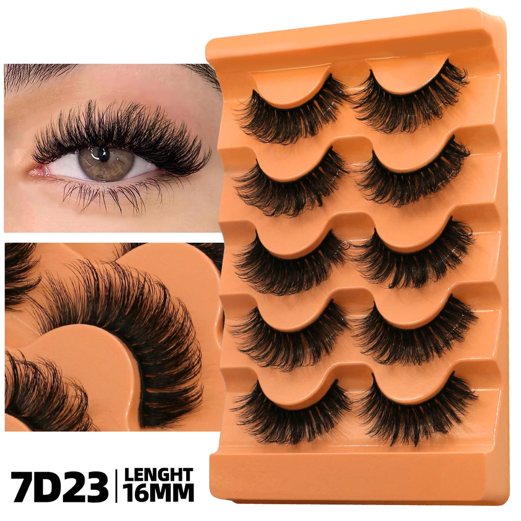 GROINNEYA Fluffy Lashes 5 Pairs D Curl 3D Mink False Eyelashes Thick Volume Russian Strip Lashes Mink Lashes Faux Natural Fake L