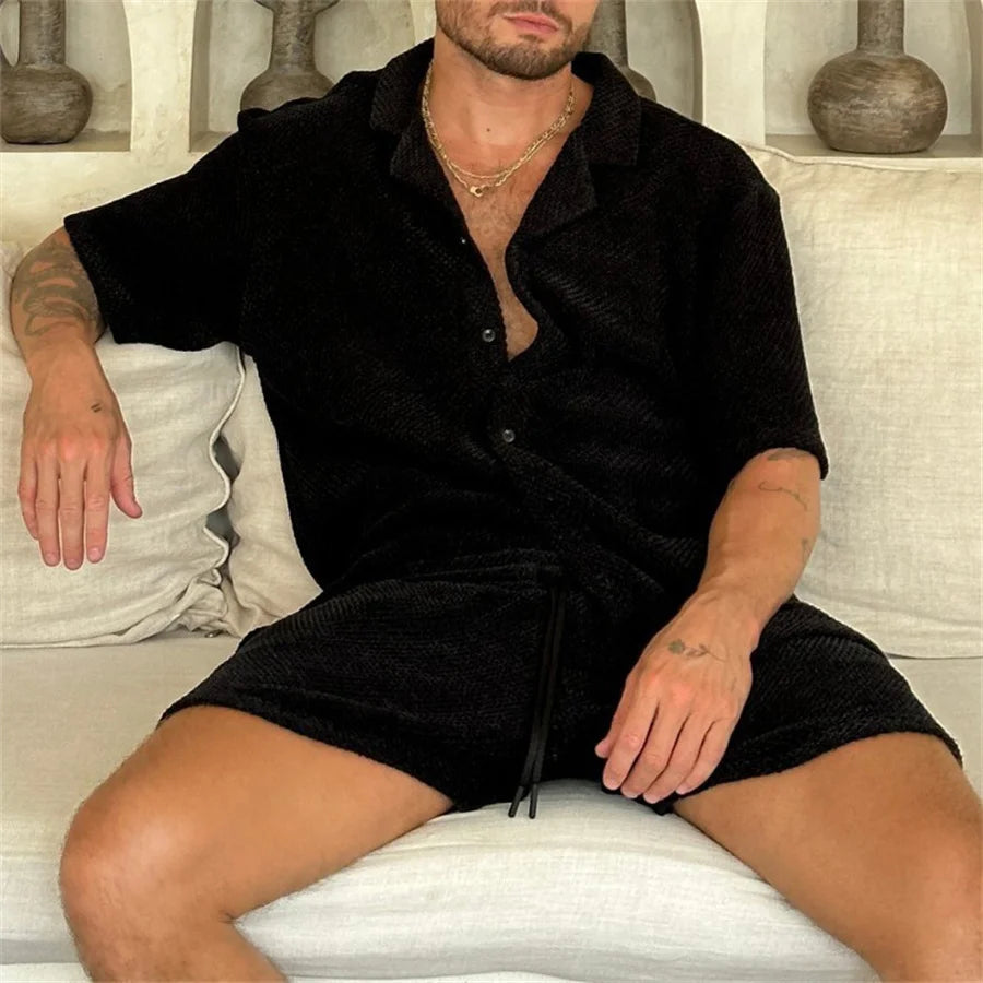 Breathable Knitted Men‘s Shorts Set Summer Casual Short Sleeve Shirt and Shorts Two Piece Suits Men Outfits Sports Clothes