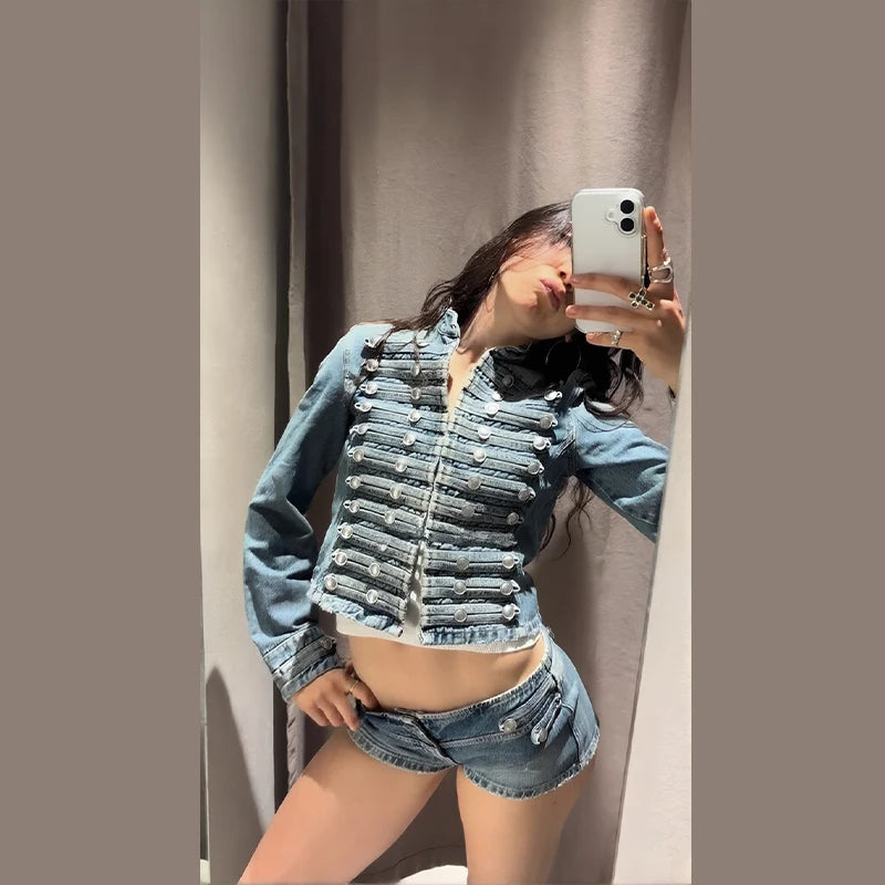 Chic Stand‑Collar Denim Coat & Shorts Suit