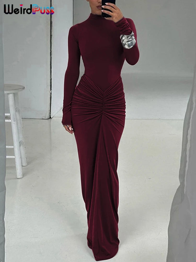 Women’s Ruched Long‑Sleeve Bodycon Dress – O‑Neck Slim Fit Hipster Pleated Autumn Classic