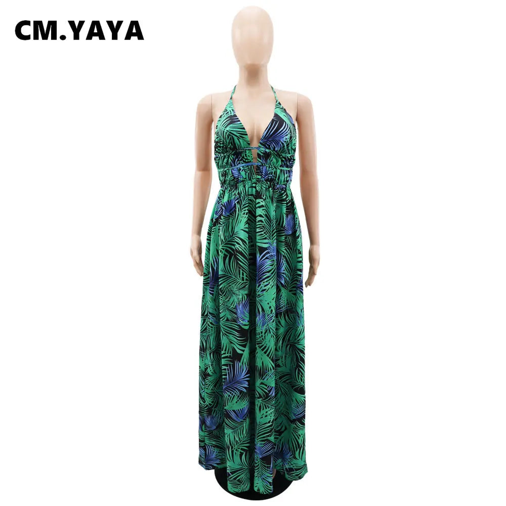 CM.YAYA Women Leaf Printed Spaghetti Strap Backless Deep V-neck Straight Maxi Long Dress 2023 Beach Sexy Street Vestidos Dresses