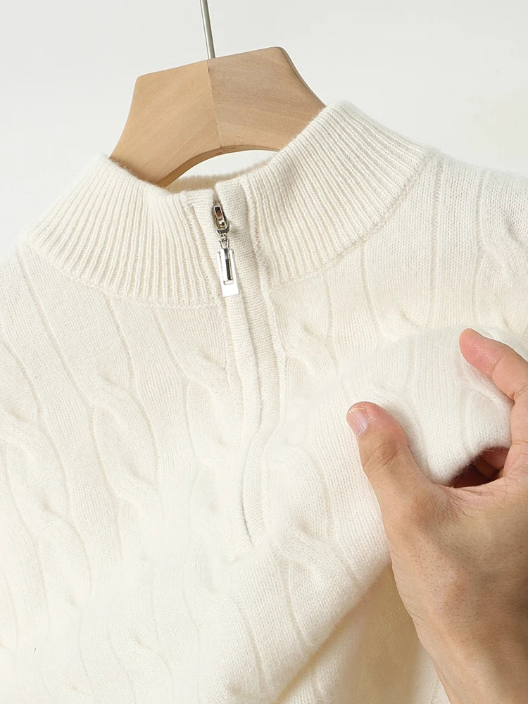 Autumn Winter Men Half Zippers 100% Merino Wool Sweater Thicken Twist Flower Pullover Retro Casual Cashmere Knitwear Solid Tops