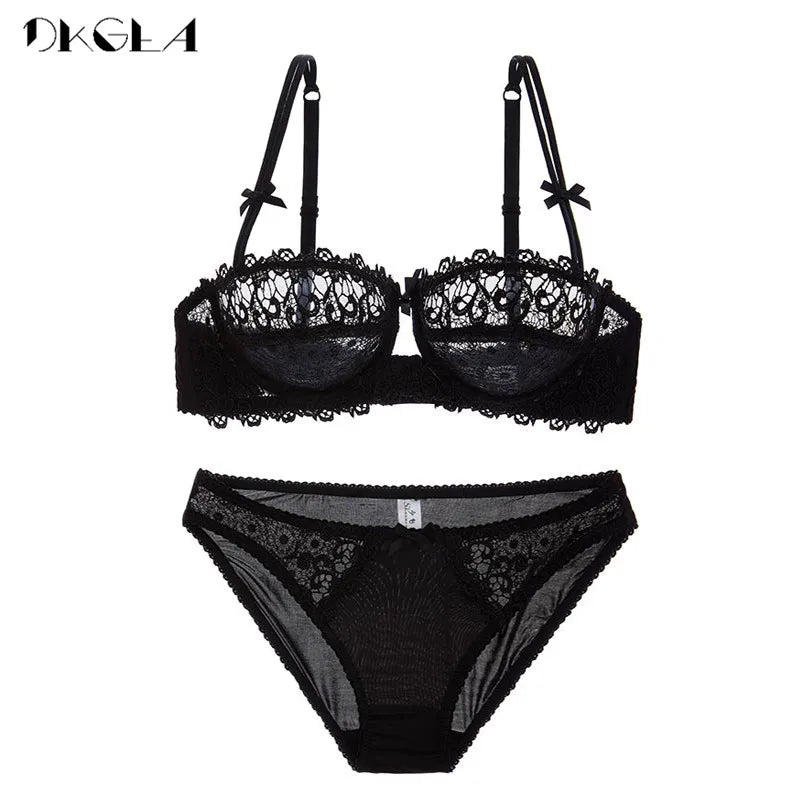 Hollow Underwear Set Lace Bras 1/2 Cup Brassiere White Transparent Sexy Bra Panties Sets Women Plus Size Lingerie Set Embroidery