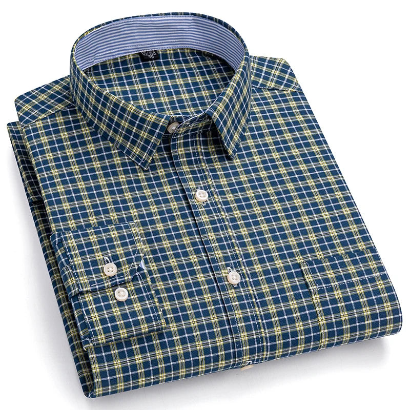 2024 New Quality Men's Social Shirt Long Sleeve 100% Pure Cotton Oxford Soft Plaid Formal Male Clothes Oversized Shirt S-7XL