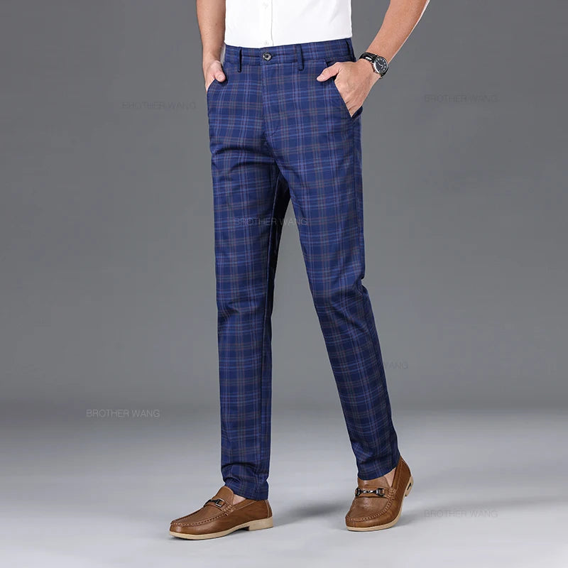 Slim‑Fit Plaid Cotton Pants