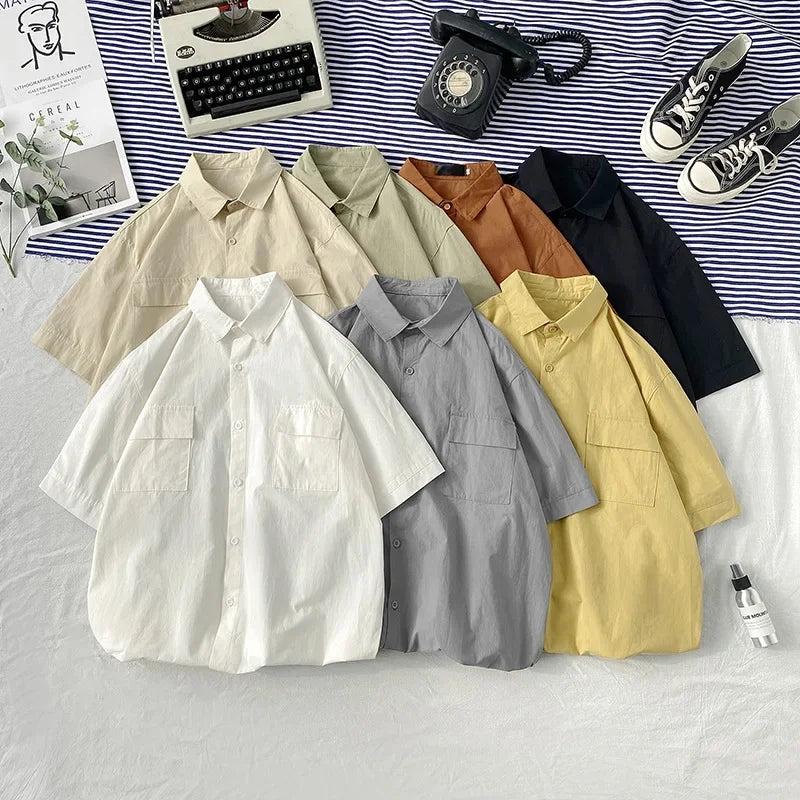 Summer Solid Color Short Sleeve Men's Shirt Loose Fit Japanese Workwear Half Sleeve Top Hong Kong Style White Trendy Casual Shir