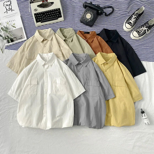 Summer Solid Color Short Sleeve Men's Shirt Loose Fit Japanese Workwear Half Sleeve Top Hong Kong Style White Trendy Casual Shir