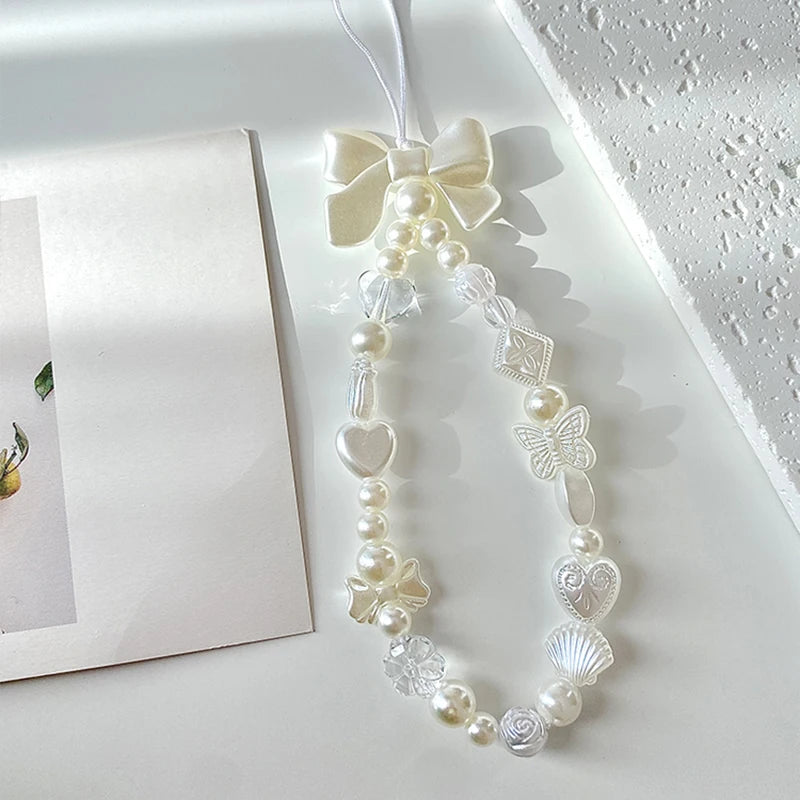 Korean Cute Sweet Butterfly Heart Bow Beaded Phone Chain Charm Lanyard For iPhone Samsung Universal Accessories Jewelry Pendant