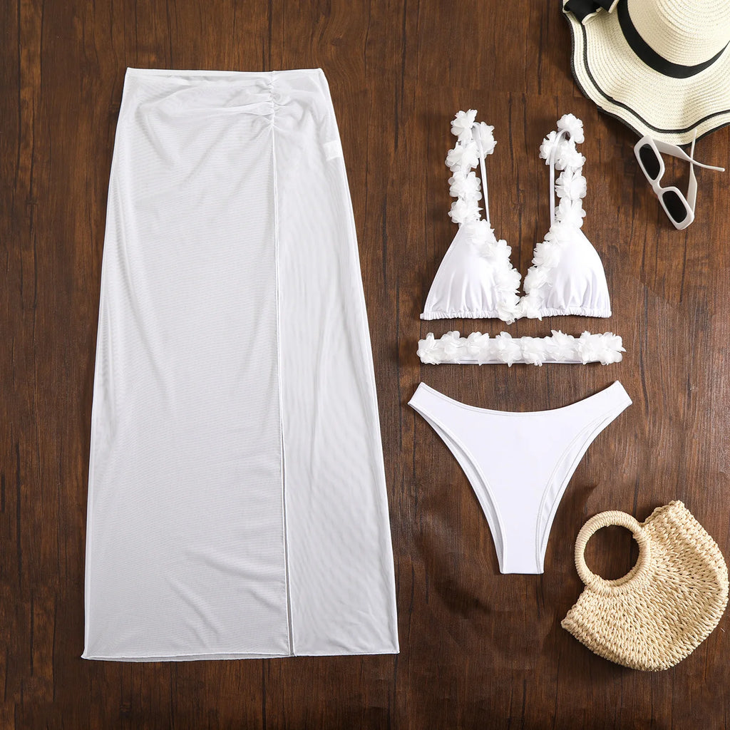 Floral Edge 3‑Piece Bikini Set with Mesh Skirt – 3D Flowers, V‑Neck Women’s Swimwear, Padded Bather, Summer Beach Biquini