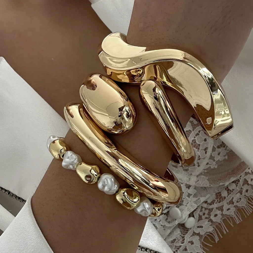 Vintage Metal Wave Twist Irregular Chunky Cuff Bracelet