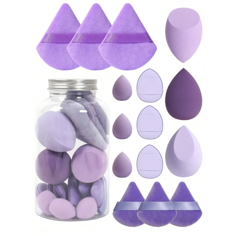 15pcs Makeup Sponge Set with Storage Jar – Powder Puff, Mini Finger Puff & Triangle Air Cushion Blenders