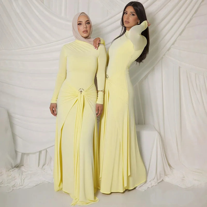 Mozision Elegant Long Sleeve Ruched Sexy Maxi Dress Women Gown Autumn Fashion Draped Bodycon Long Dresses Female Clothing