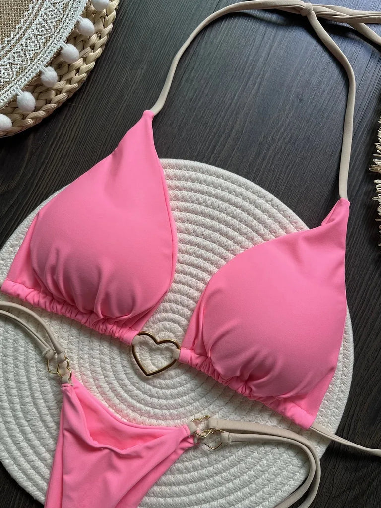 Women’s Sexy Halter Triangle Bikini – Low‑Waist Brazilian Thong Two‑Piece Swimsuit (Solid Color)
