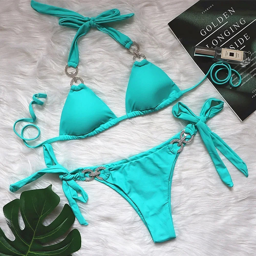 Women’s Push‑Up Crystal Strap Bikini – Shiny 7‑Color Two‑Piece Brazilian Swimsuit, Summer Beachwear