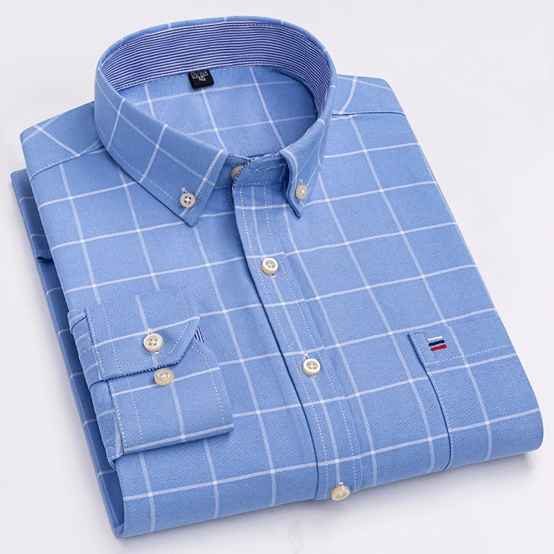 2024 New Quality Men's Social Shirt Long Sleeve 100% Pure Cotton Oxford Soft Plaid Formal Male Clothes Oversized Shirt S-7XL