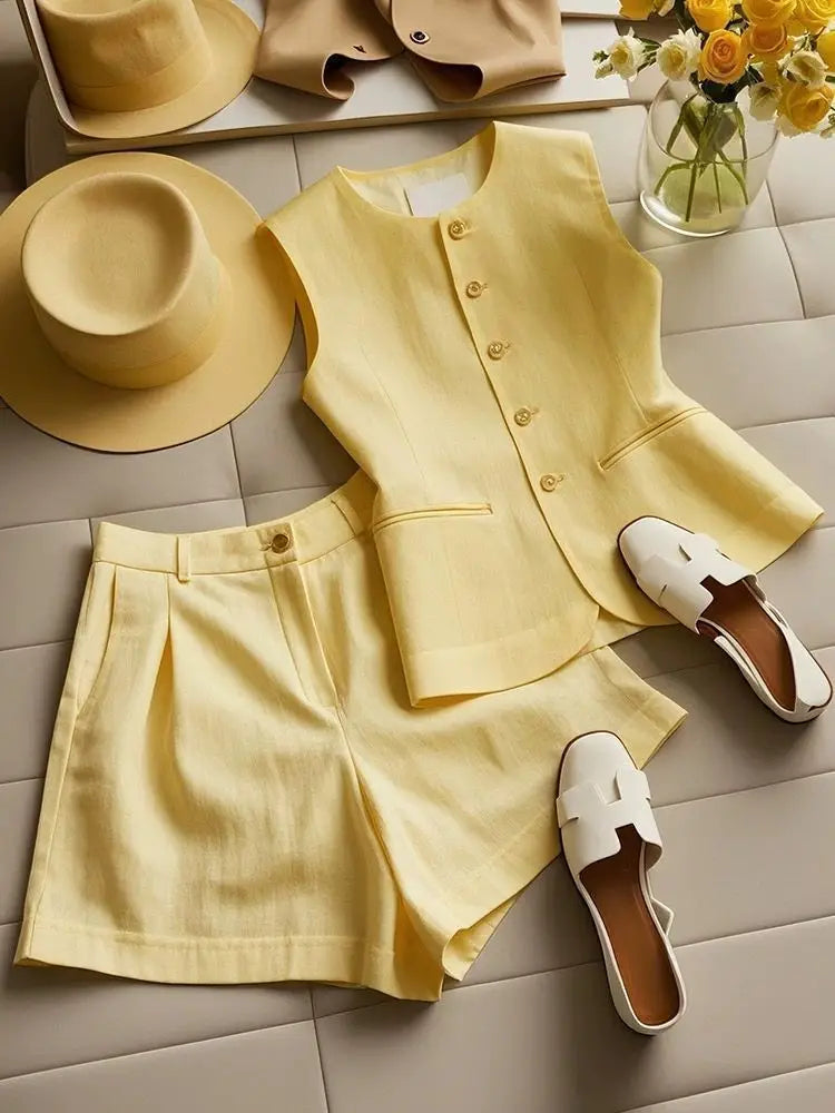 Xgoth Summer Fashion High end Yellow Vest High Waist Shorts Set Loose Casual Solid Color Commuter Two Piece Set Women Outfits