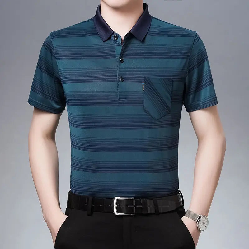 New Summer Men's Short Sleeved T-shirt Ice Silk Middle Aged Lapel Polo Shirt