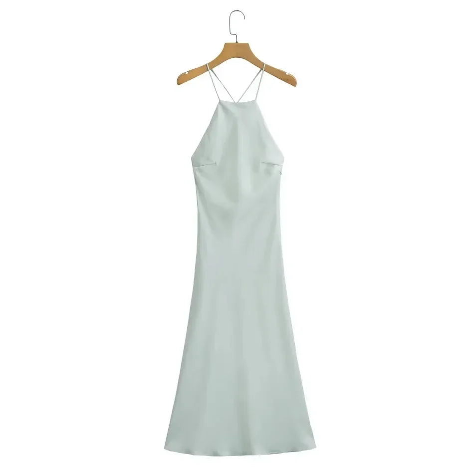 New Spring Summer Women's Maxi Dress Satin Feeling Sleeveless Dress Fashion Style Banquet Sexy Dresses Evening Female Clothing