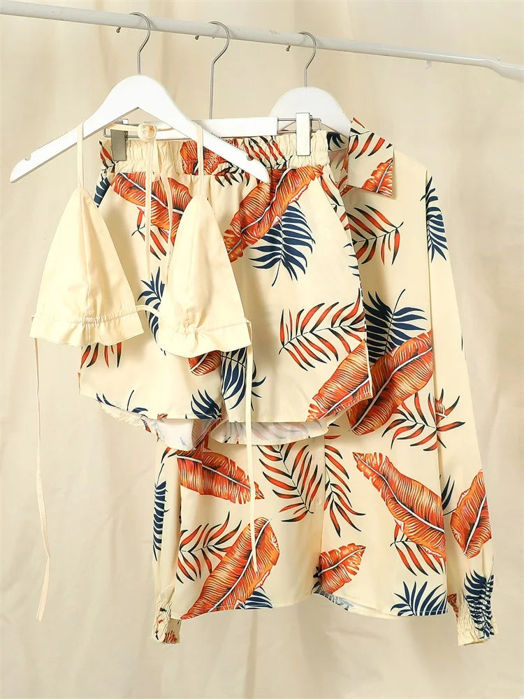 Women’s 2024 High‑Waist 3‑Piece Bikini Set – Printed Swimsuit with Shorts Cover‑Up Summer Beachwear