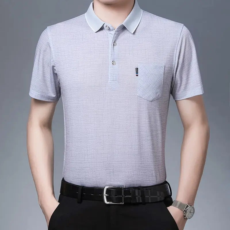 New Summer Men's Short Sleeved T-shirt Ice Silk Middle Aged Lapel Polo Shirt