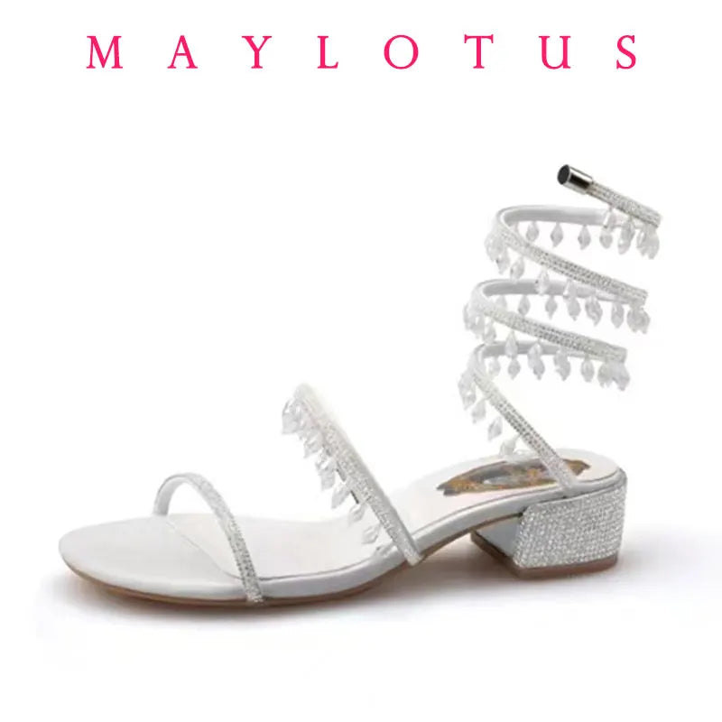 2025 Spring/Summer New Water Diamond Jewel Wrist Wrapped Snake-shaped High Heel Sandals Sexy Large Size Shoe Girl Women Sandals