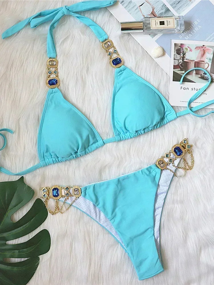 Women’s 2026 Rhinestone Diamond Bikini – Halter Chain Two‑Piece Swimsuit, Sexy Shiny Brazilian Swimwear