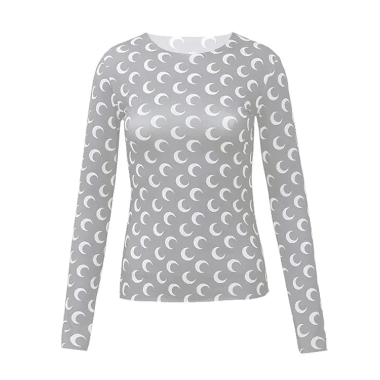 New Printed Mesh Women Base Shirt Spring Autumn Fashion Casual Long Sleeved Sun Protection Ice Silk Inner Layer Women's T-Shirt
