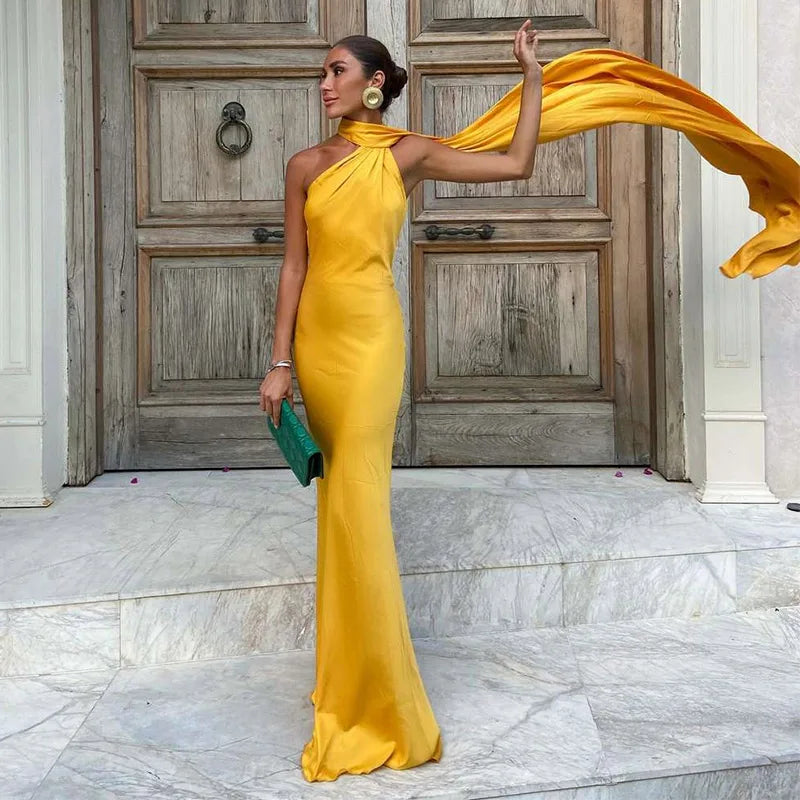 Sexy Satin Halter Long Dress Women Solid Backless Off Shoulder Slim Dresses High Waist Party Evening Robes