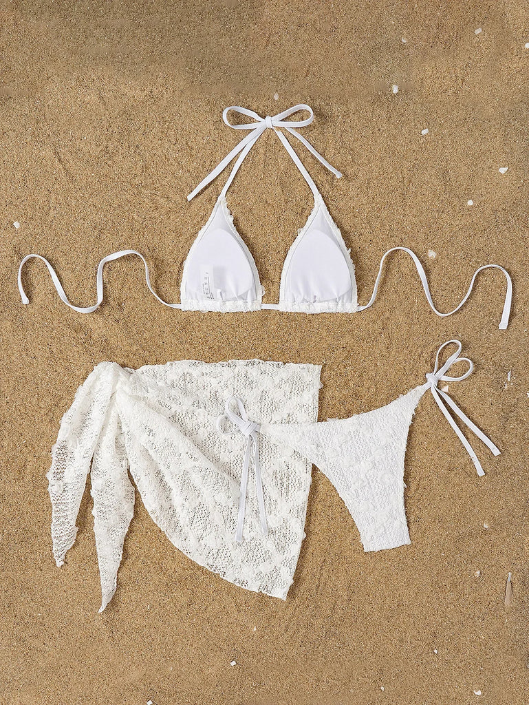 Women’s 2025 White Lace 3‑Piece Bikini – Bandage Push‑Up Thong Swimsuit with Maxi Cover‑Up Skirt