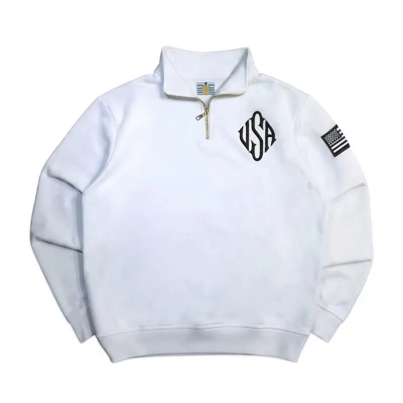 Y2K American Flag Embroider Hoodies Quarter Zip Sweatshirts Men Navy Blue White Pullover Patch Sleeve Streetwear Casual Sweater