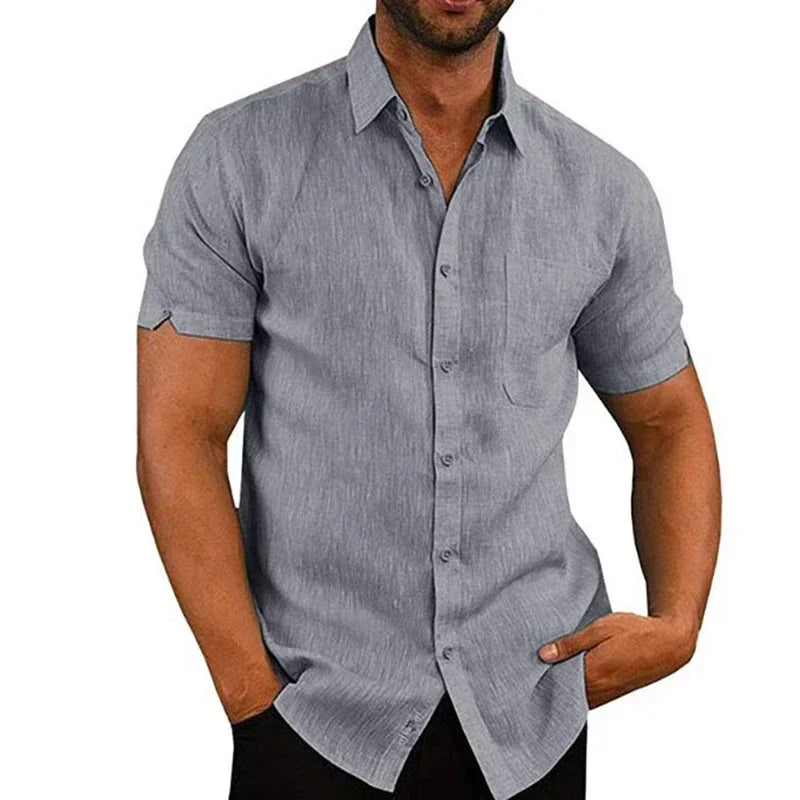 Men’s Cotton‑Linen Summer Shirt – Solid Short‑Sleeve Turn‑Down Collar Casual & Beachwear Top
