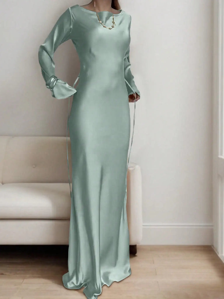 Women’s Bespoke Satin Maxi Dress – Corset Waist Tie, Round Neck & Flared Sleeves | Luxury Evening Gown 2026