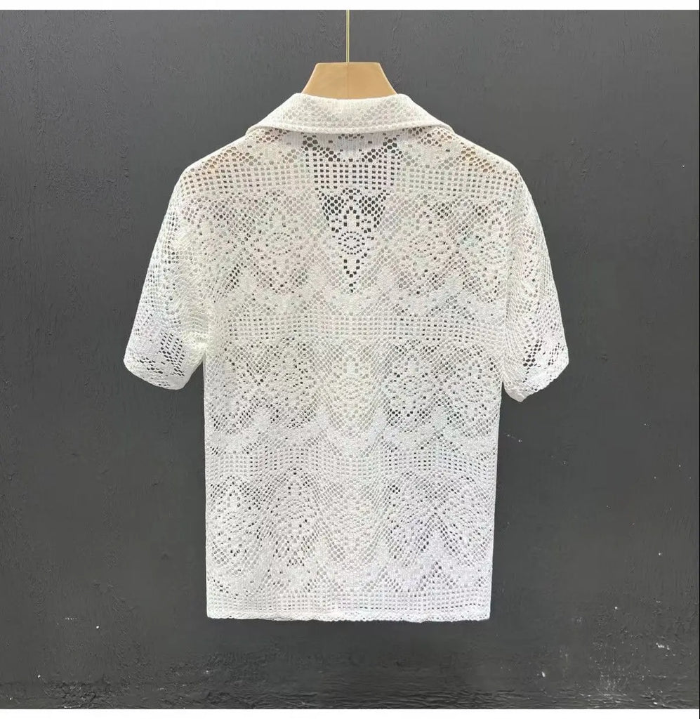 Vintage Ice Silk Lace Shirts For Men Sexy Lace Breathable Hollow Out Tops Summer Fashion Cuban Collar Short Sleeved Shirt Male