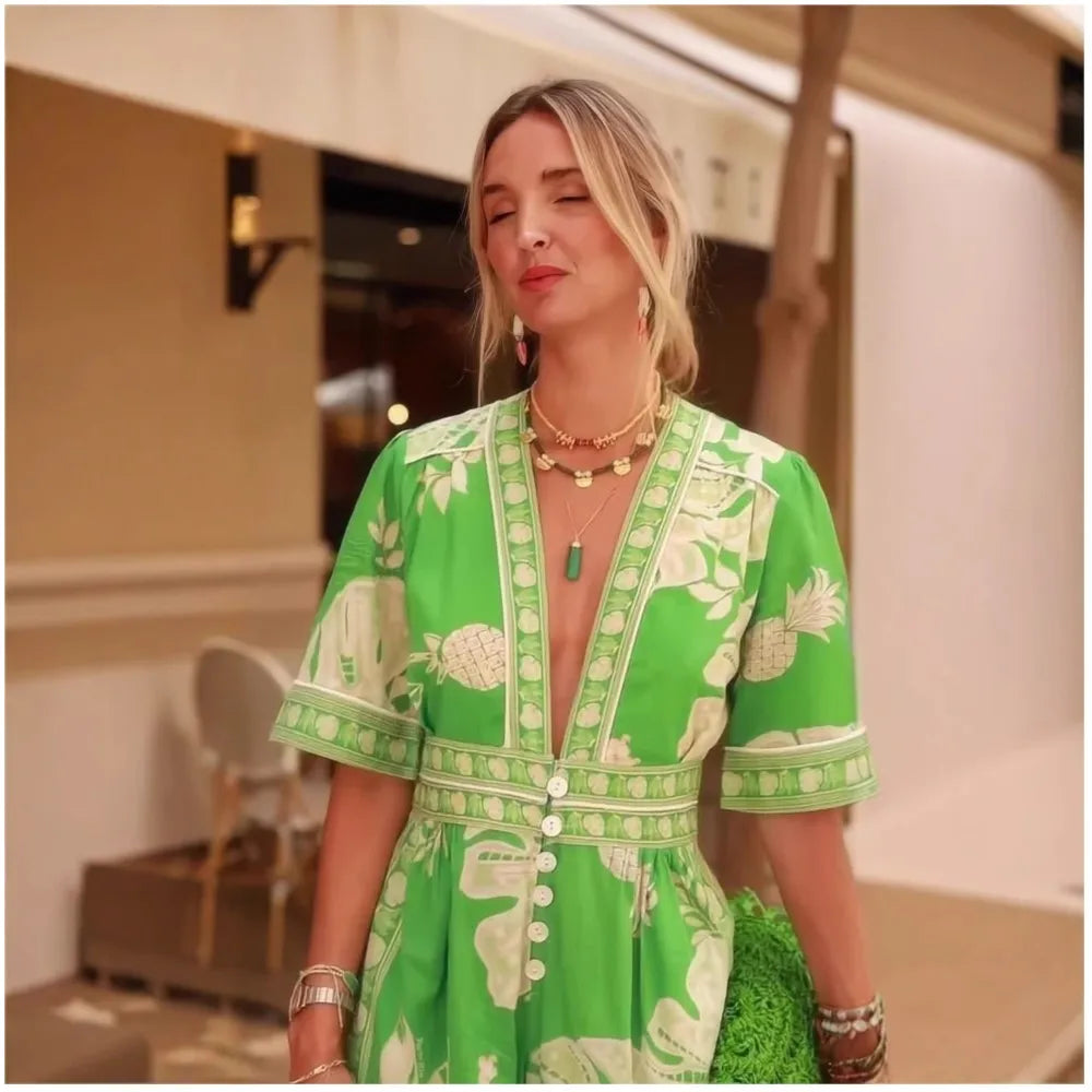 Sexy Deep V-neck Printed Women's Jumpsuit Summer New Style Simple Casual Loose Short-sleeved Elegant Female Office Rompers 2025