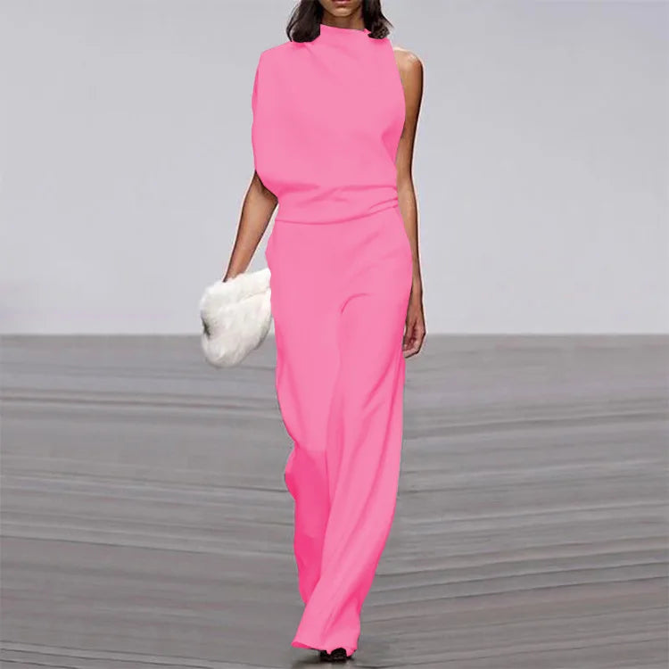 Solid Color Irregular Sleeveless Jumpsuits Women Fashion Temperament Sexy Backless Folds Slightly Flared Jumpsuit Female 2025