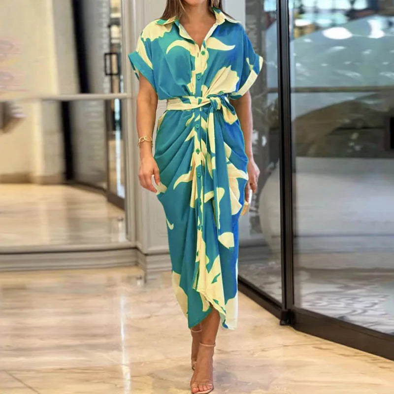 New 2025 Spring Summer Bohemia Shirt Print Dresses Women Turn-down Collar Sashes Long Dress Casual Party Oversized Loose Dress