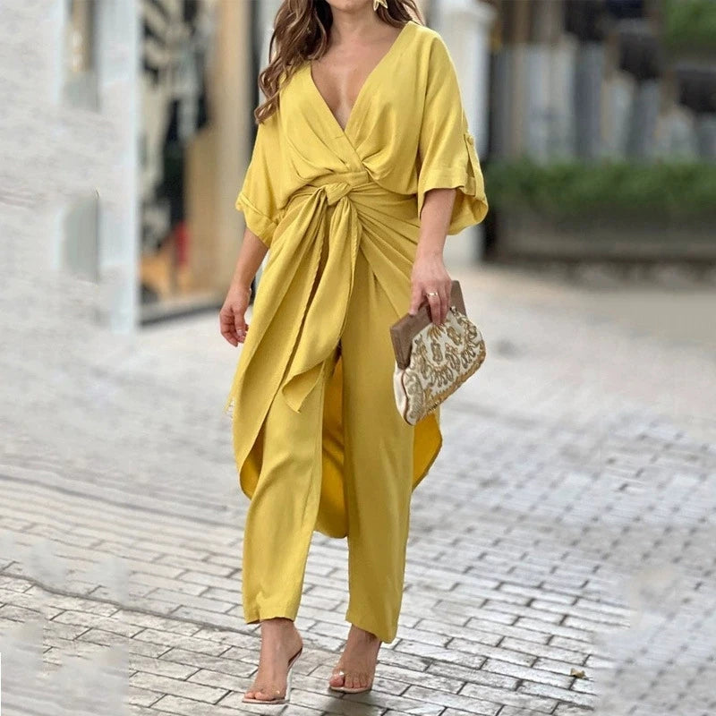 Fashion Solid Color Pant Sets Two Piece Set Women V-Neck Lace Up Short Sleeve Irregular Long T Shirt Trousers Two Piece Set 2024