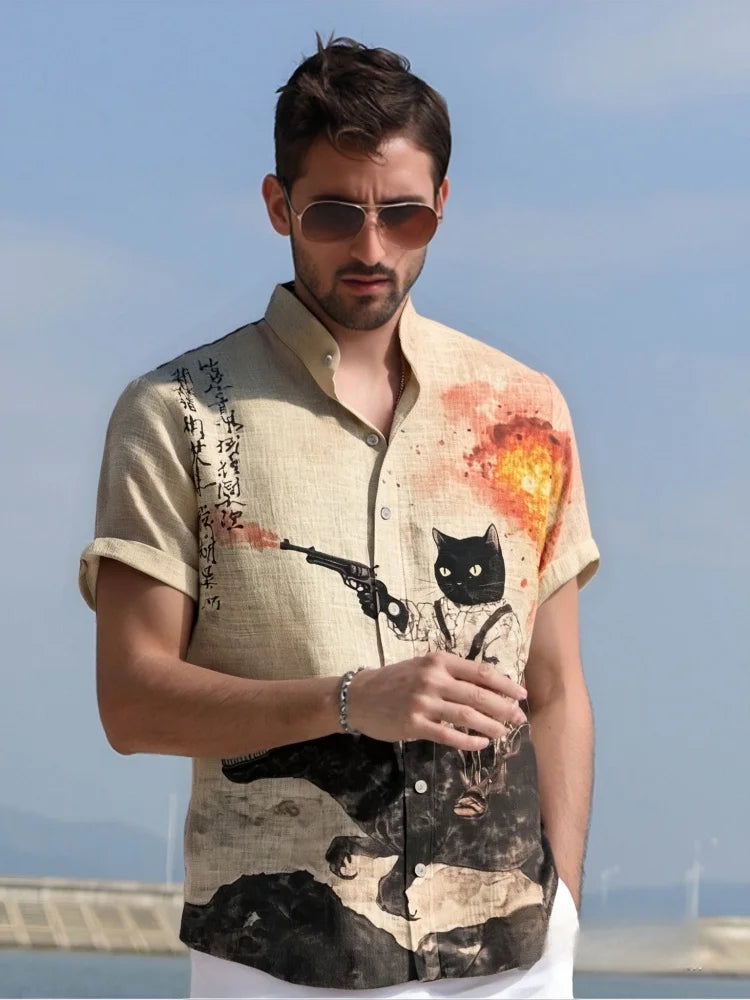 Men's Retro Cat Shirt Funny Calligraphy Dinosaur Volcanic Eruption Print Short Sleeve Holiday Outwear Vintage Japanese Clothing