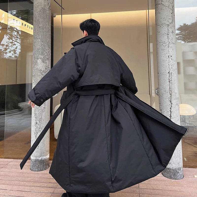 Fashionable Down Cotton-Padded Jacket Men's Trendy Winter Thickened Warm High-End Lace-up Long Overknee Long Sleeve Coats