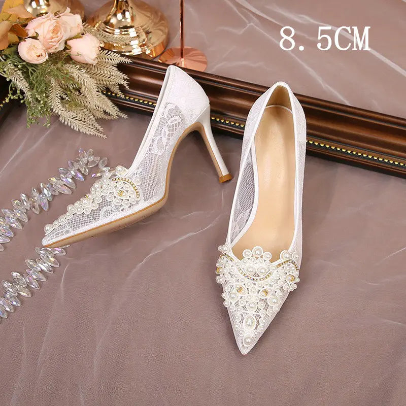 2025 White Wedding Shoes Bridesmaid Shoes Women's Lace Shoes Fashion High Heels Pearl Pumps