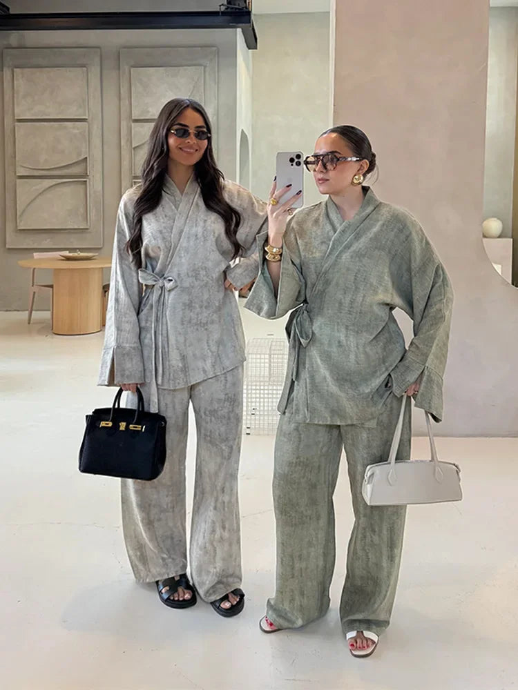 Vintage Women's Shirt Pant Suit Loose V-neck Lace Up Long Sleeve Oversize Shirts Wide Leg Pants 2025 Spring Summer 2 Pieces Set