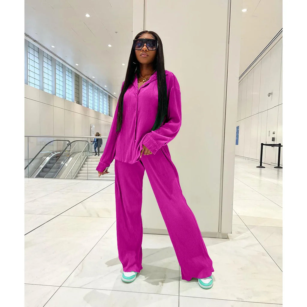 CM.YAYA Street Women's Set Long Sleeve Shirt Tops and Wide Leg Pants Elegant Tracksuit Two Piece Set Sweatsuit Fitness Outfits