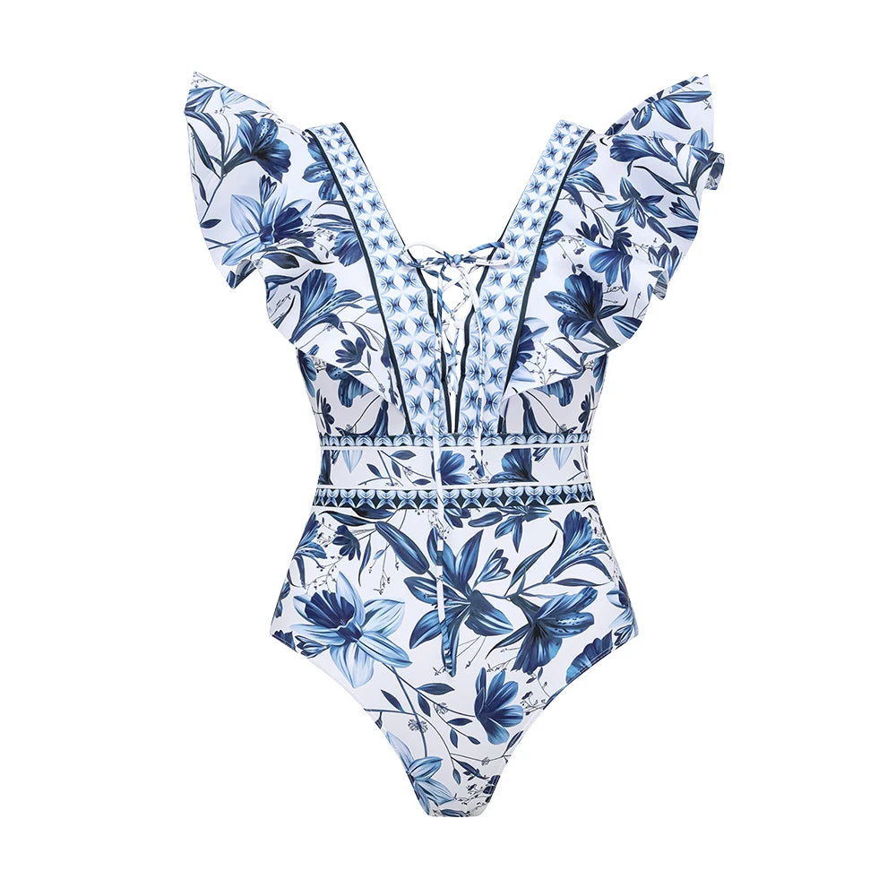 FLAXMAKER Lace‑Up V‑Neck Ruffle Monokini & Sarong