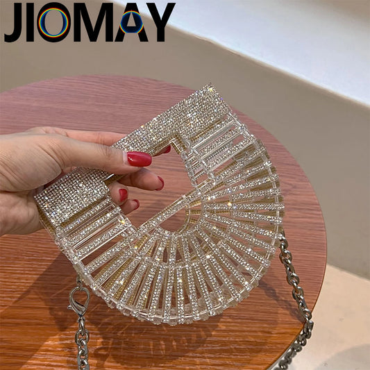 ﻿JIOMAY Half Moon Bag Rhinestone Purse Luxury Designer Handbags  Fan-Shaped   for Women |  Mini Shiny Basket Crystal Wedding Bag