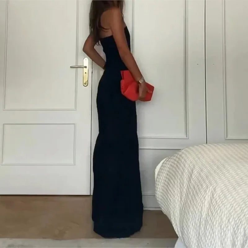 Women's New Jumpsuit Summer Tube Tops Sleeveless Navy Blue Strapless Wide-Leg Pants Loose Romper Casual High Streetwear Jumpsuit
