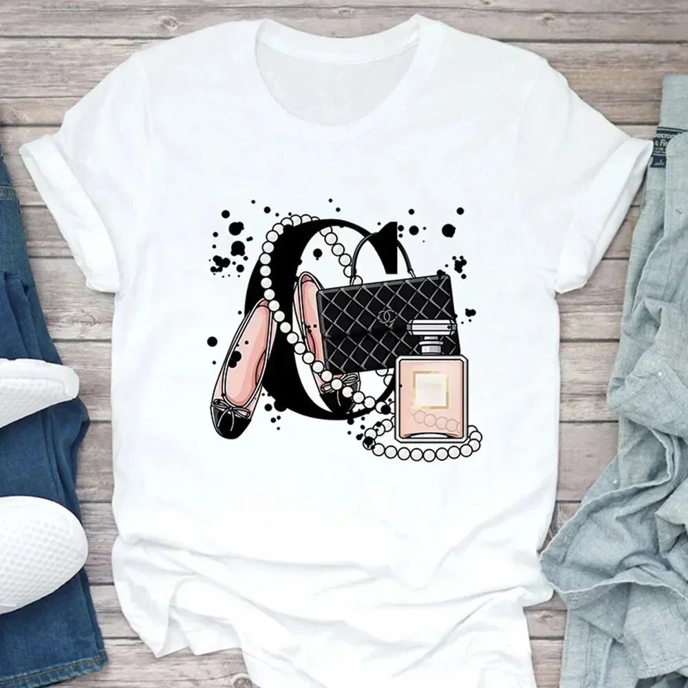 Women's T Shirt Summer Fashion Girl Bag Printed Ladies T-shirt Casual Short Sleeve Female Clothing Top Tee White Short Sleeve